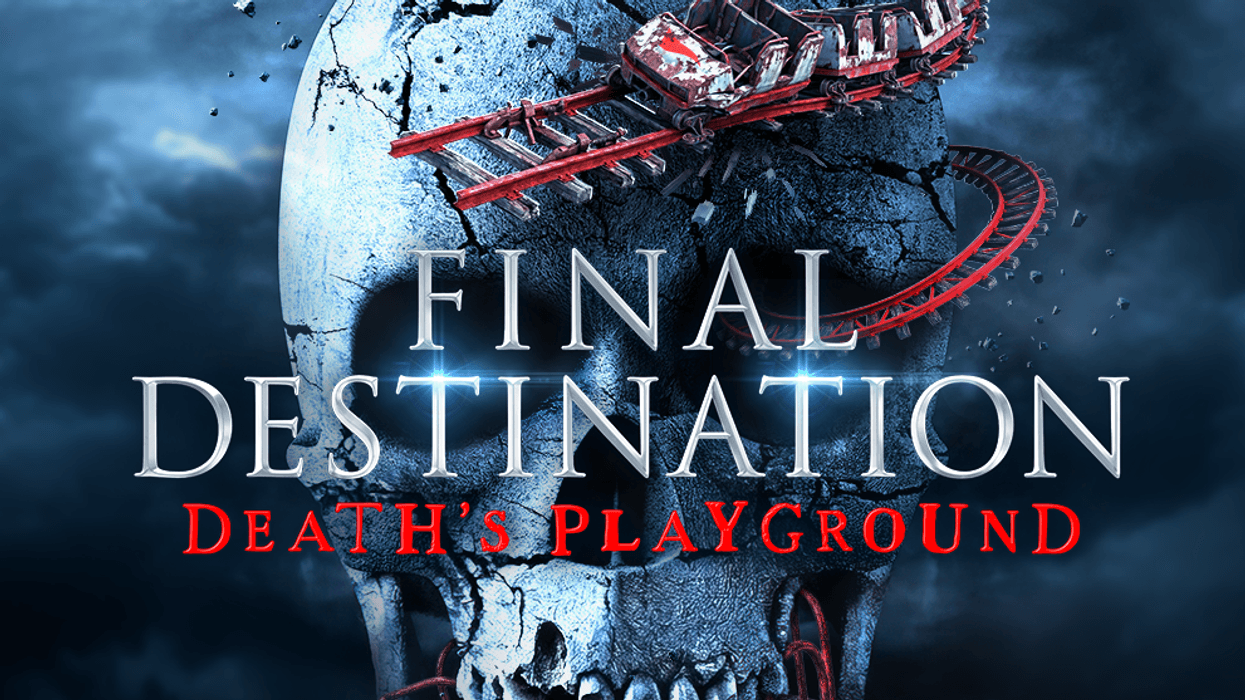 Skull with a roller coaster, "Final Destination: Death's Playground" text overlay.