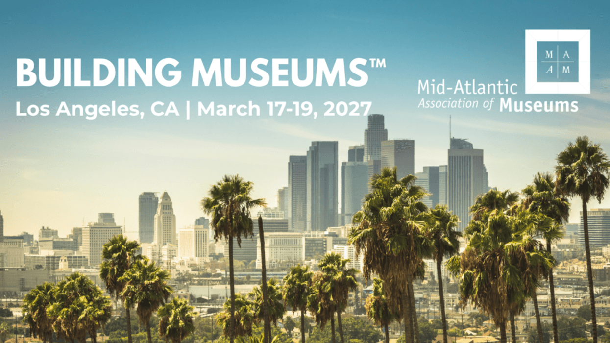 Skyline of Los Angeles promoting a museum event in March 2027.