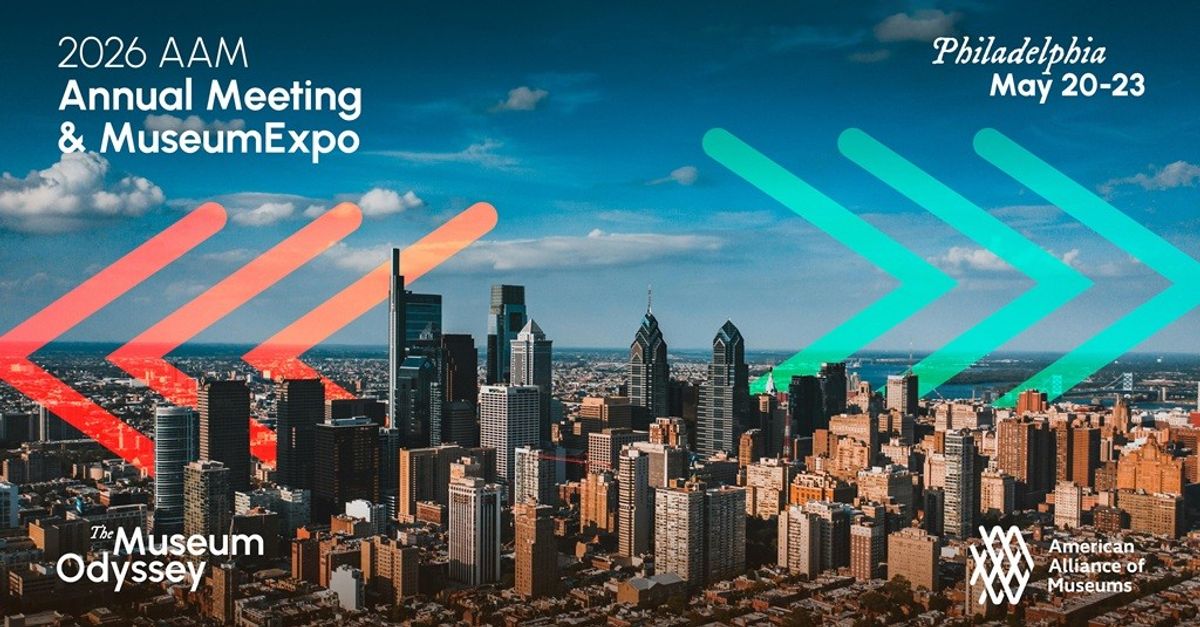 Skyline with arrows promoting 2026 AAM MuseumExpo, Philadelphia, May 20-23.
