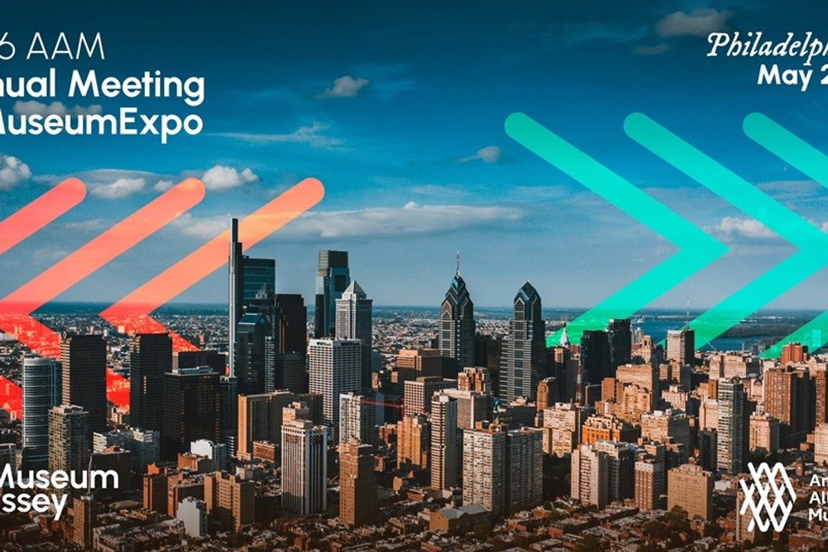 Skyline with arrows promoting 2026 AAM MuseumExpo, Philadelphia, May 20-23.