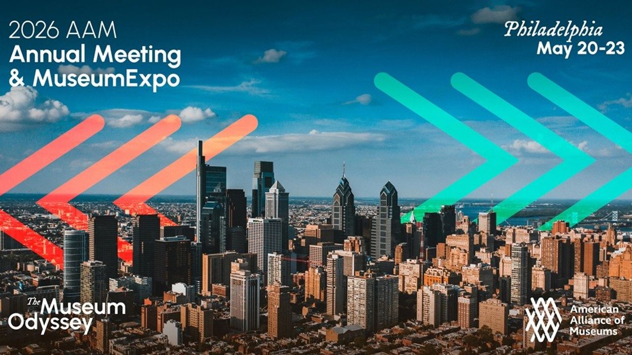 Skyline with arrows promoting 2026 AAM MuseumExpo, Philadelphia, May 20-23.