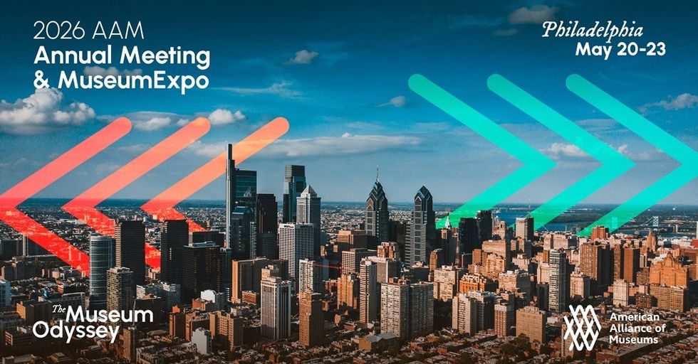 Skyline with arrows promoting 2026 AAM MuseumExpo, Philadelphia, May 20-23.