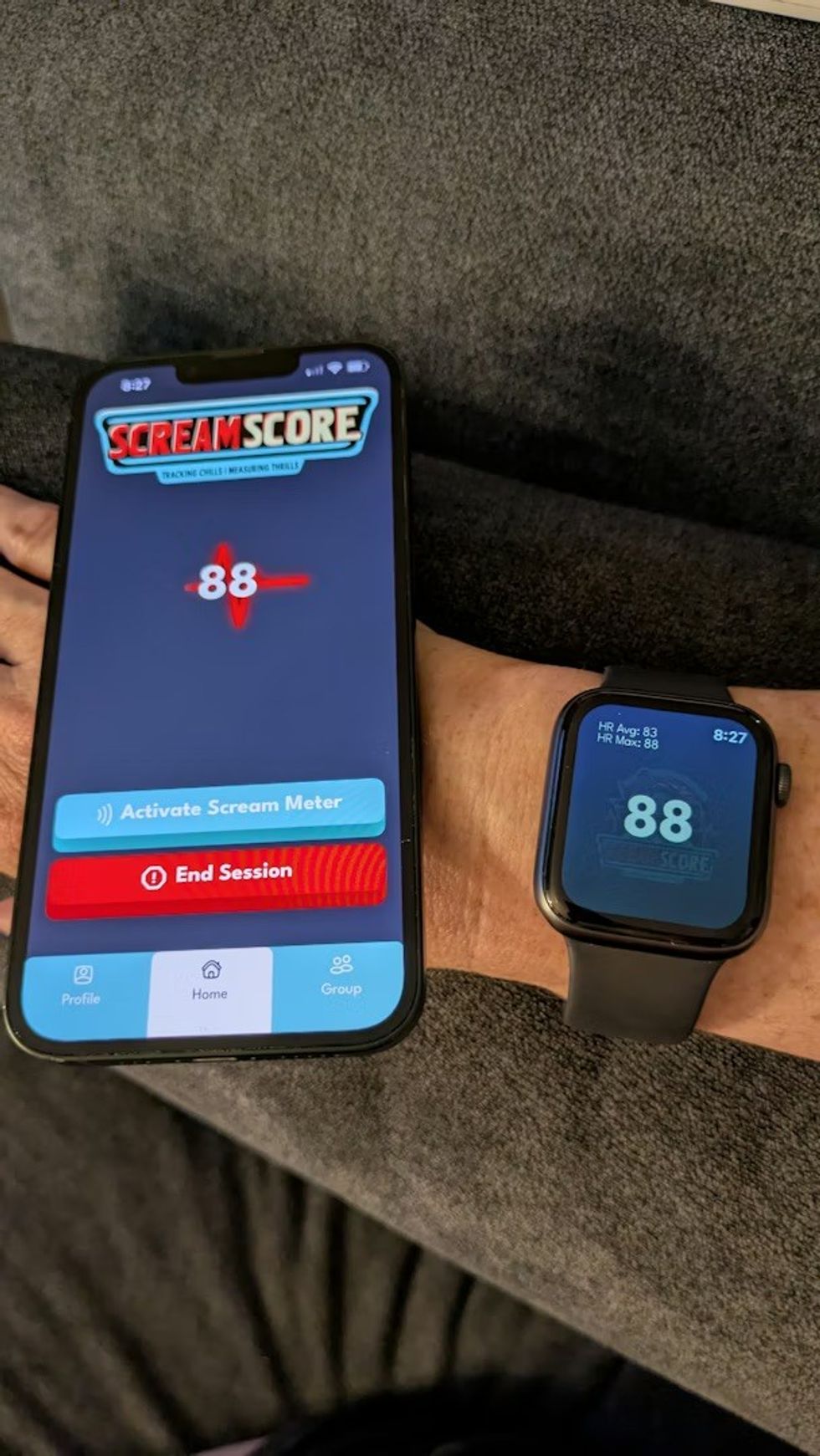 Smartphone and smartwatch display "Scream Score" app, both showing score of 88.