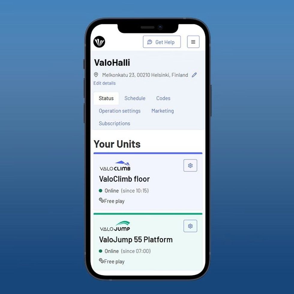 Smartphone displaying ValoHalli status and units online: ValoClimb and ValoJump.