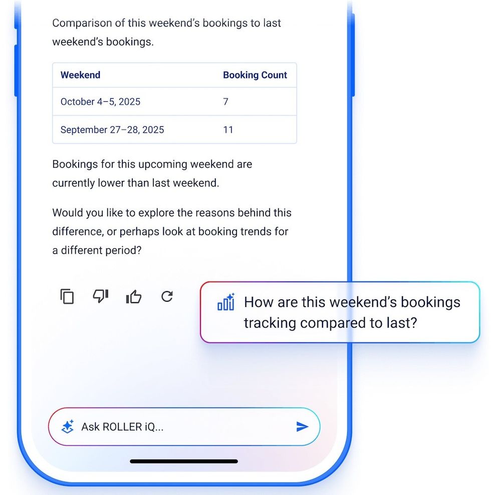 Smartphone screen showing weekend booking comparison using ROLLER iQ