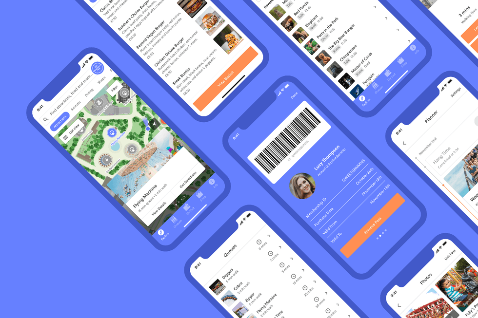 Smartphone screens displaying various Attractions.io app interfaces on a blue background.