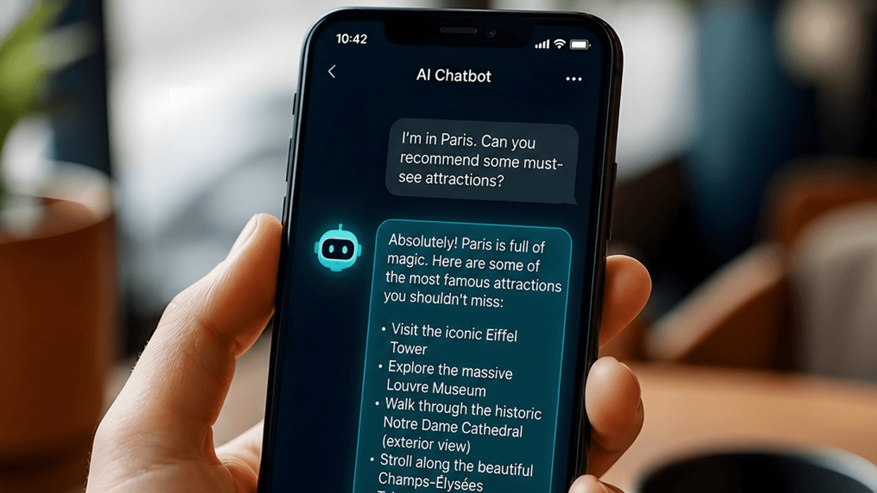 Smartphone with AI chatbot recommending Paris attractions.