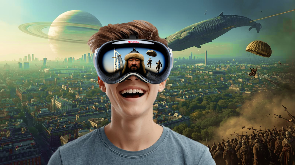 Smiling person wearing VR goggles showing historical and futuristic scenes.