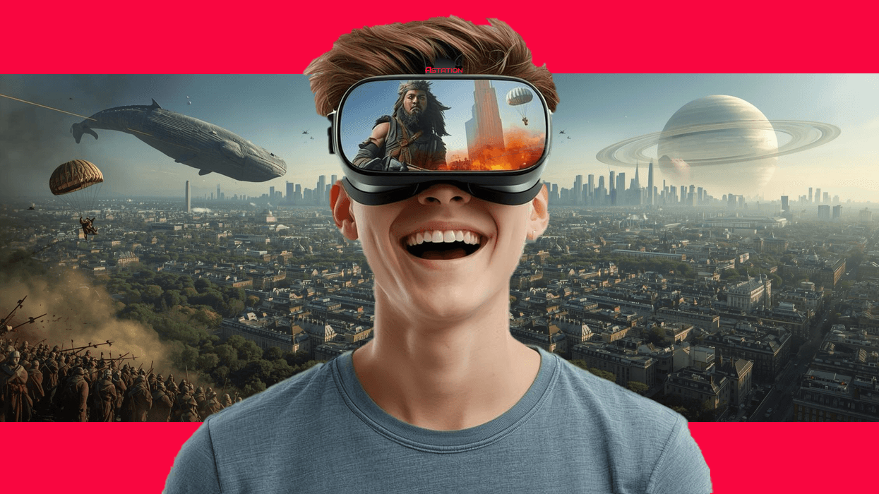 Smiling person wearing VR headset with city and fantasy scene background.