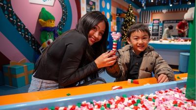 Smiling woman and child displaying a LEGO heart creation at a festive event.