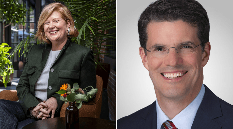 Smiling woman called Abby Bysshe seated beside plants; man called Page Thompson in glasses and suit against plain background.