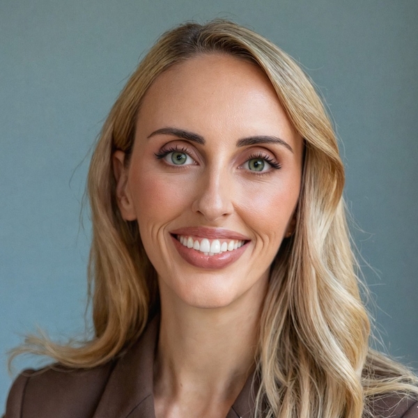 Smiling woman with long blonde hair and green eyes, wearing a brown blazer.
