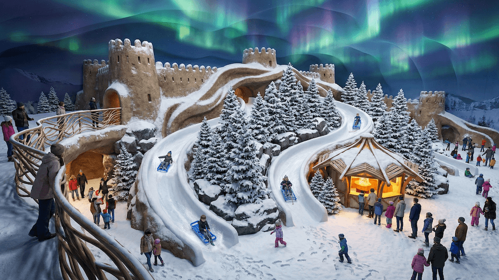 Snowy castle-themed winter park with slides, aurora in sky, and people enjoying the scene.