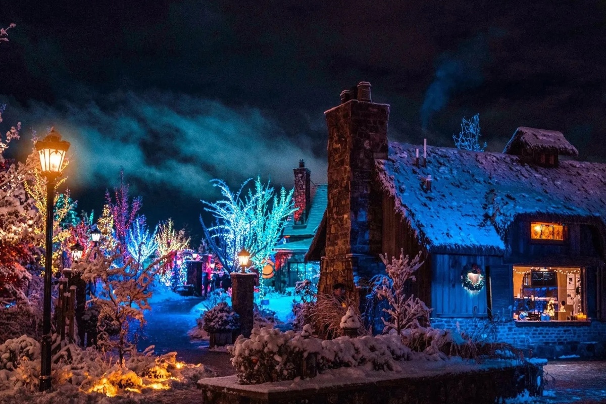 Snowy village with colorful lights at night, smoke from a chimney, and decorated trees.