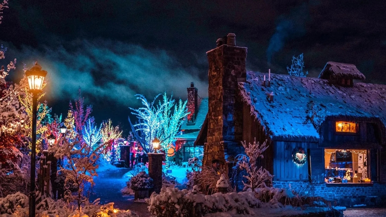 Snowy village with colorful lights at night, smoke from a chimney, and decorated trees.