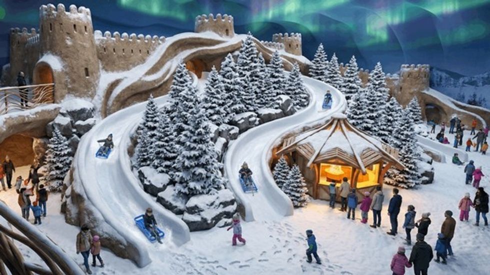 Snowy winter playground with slides, trees, and people under colorful aurora skies.