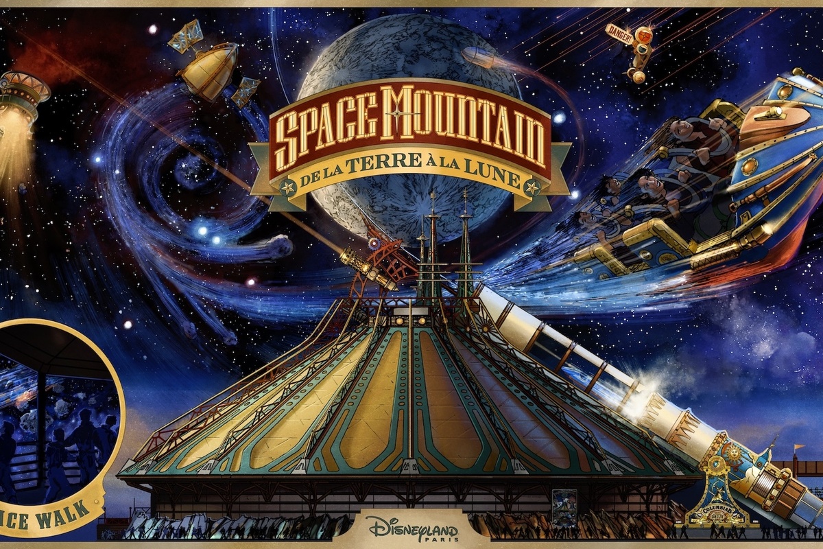 Space Mountain: De la Terre à la Lune poster, featuring space-themed visuals and ride design.