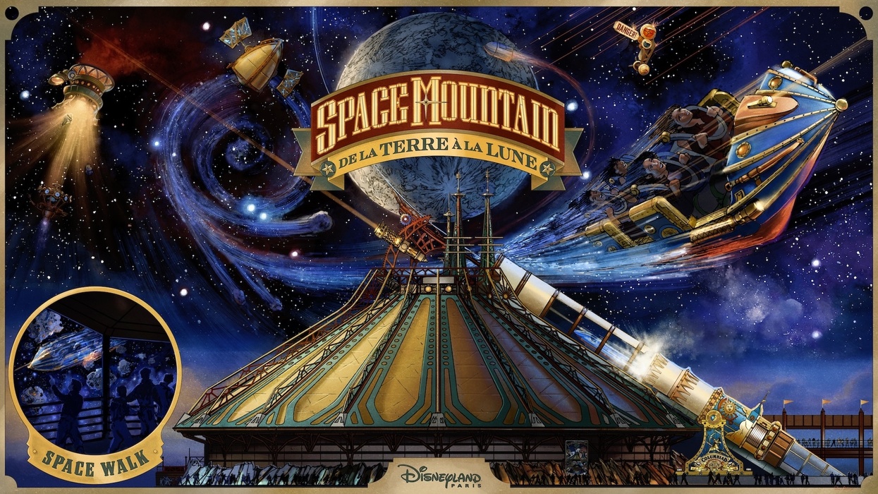 Space Mountain: De la Terre à la Lune poster, featuring space-themed visuals and ride design.