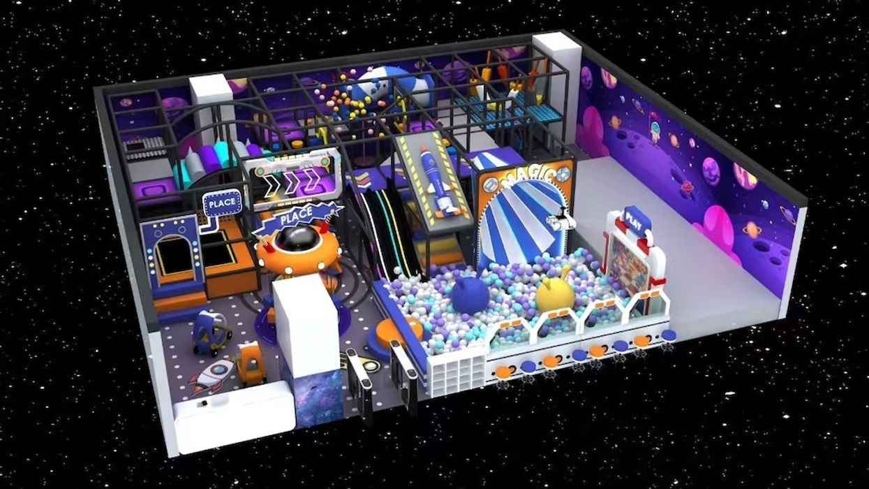 Space-themed indoor playground with slides and ball pit in a colorful room.