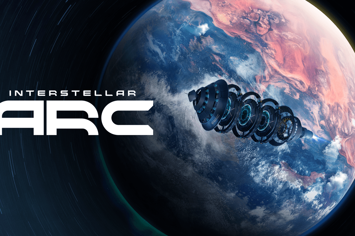 Spacecraft near a colorful planet with "Interstellar Arc" text.