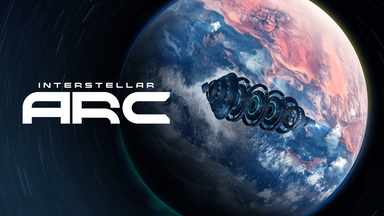 Spacecraft near a colorful planet with "Interstellar Arc" text.