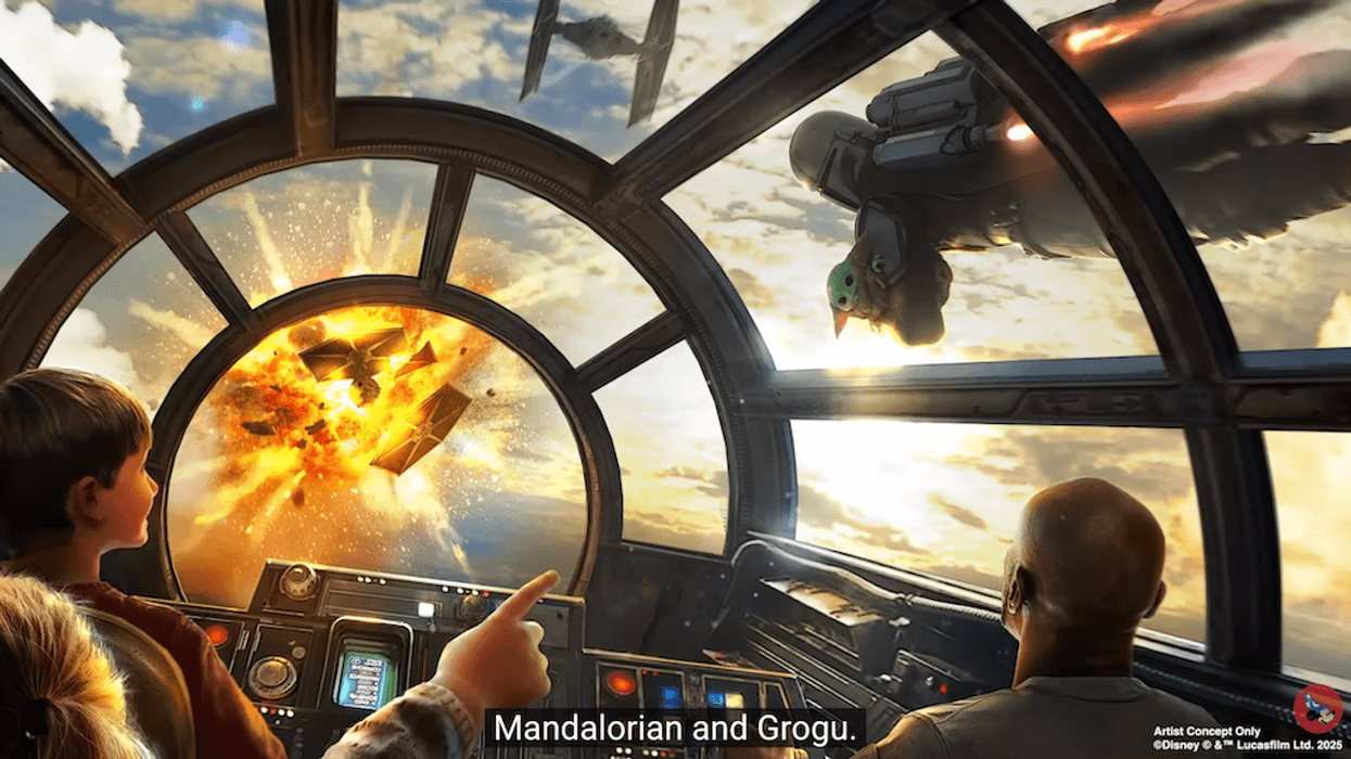 Spaceship cockpit view of explosion in space, Mandalorian flying outside.