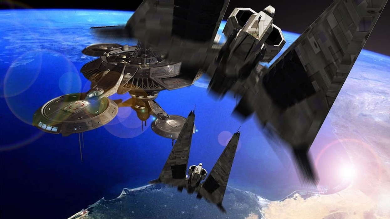 spaceship hovers above earth with blue ocean intellectual property