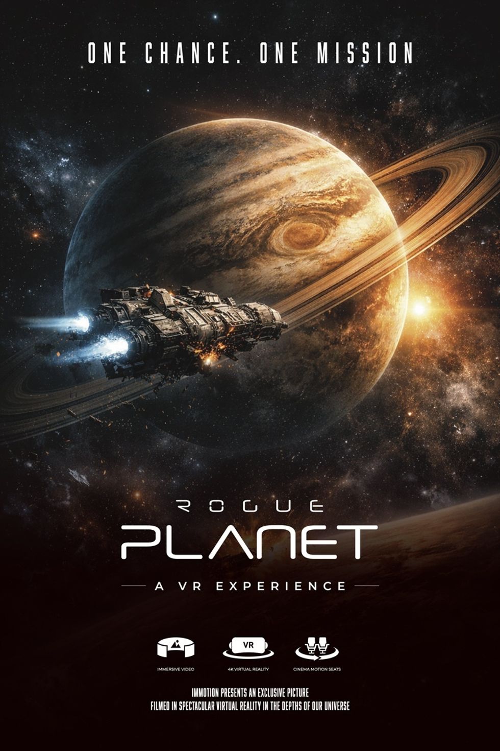 Spaceship near a ringed planet, text reads "Rogue Planet: A VR Experience."