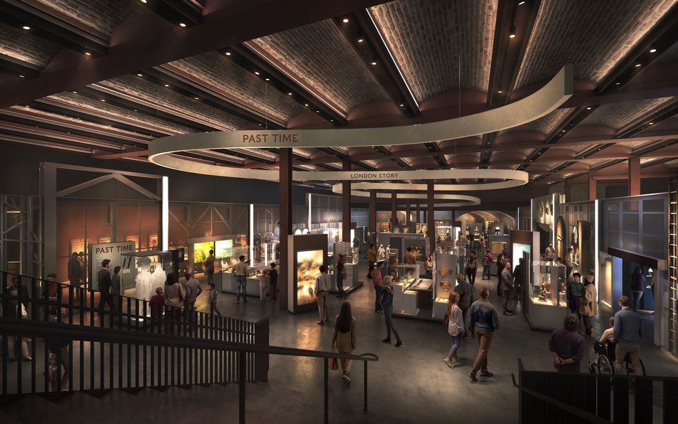 Spacious London Museum exhibit hall with visitors and displays featuring "Past Time" and "London Story".