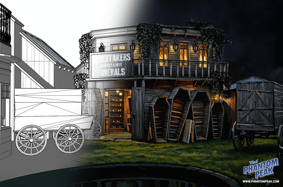 Split image: Left ink drawing of a wagon, right colored funeral home at night, concept art for Phantom Peak