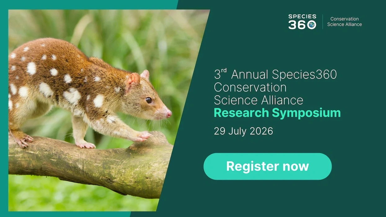 Spotted quoll on branch; Species360 Symposium, 29 July 2026, Register now button.
