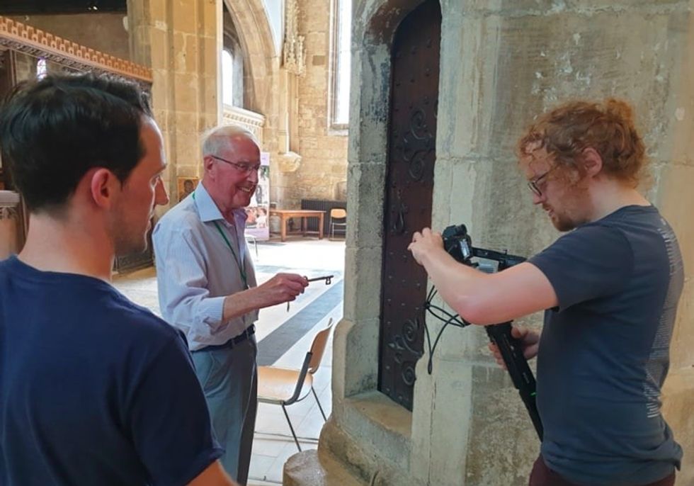 Squeaky Pedal filming at the Church of St. Mary de Crypt