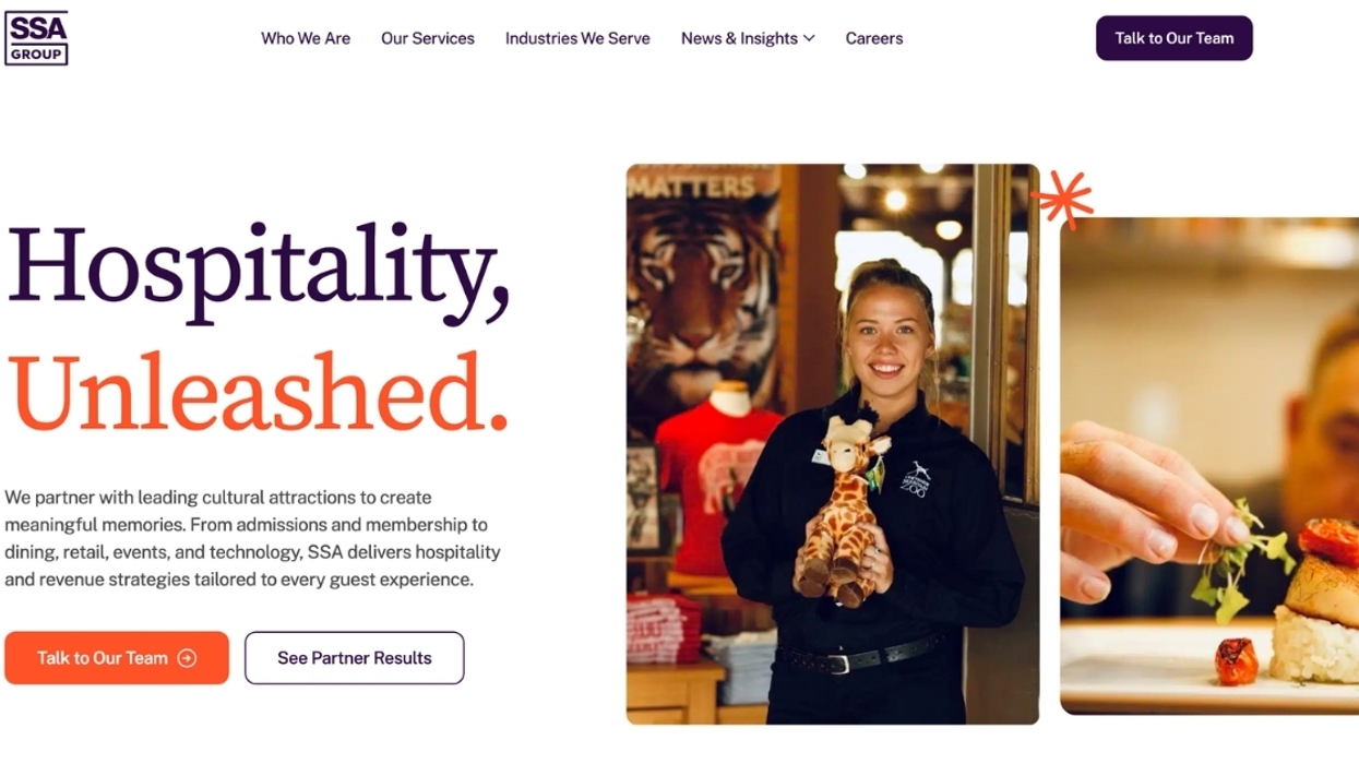SSA Group homepage with "Hospitality, Unleashed" text, staff, and food preparation.