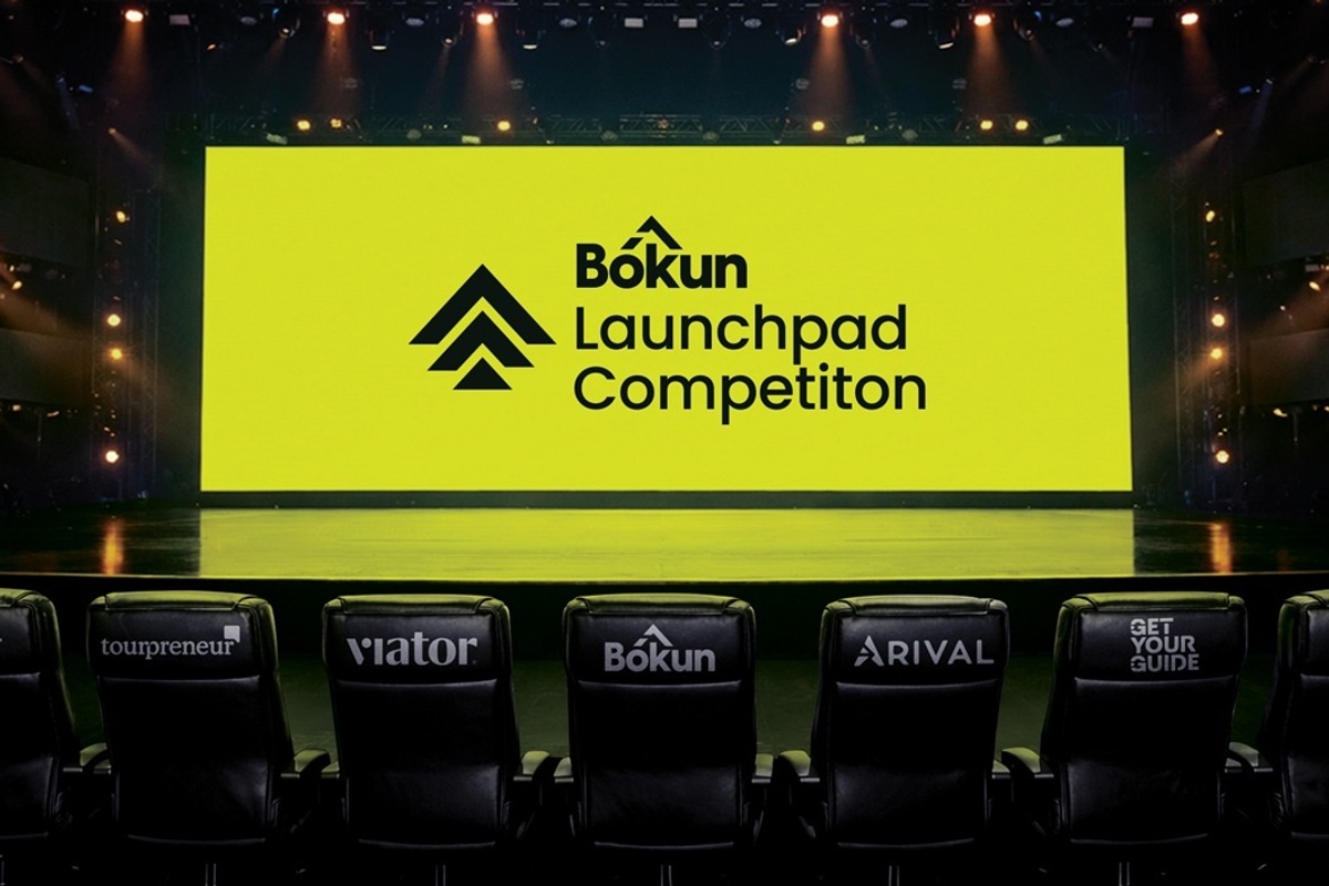 Stage with "Bókun Launchpad Competition" screen, branded chairs in the foreground.