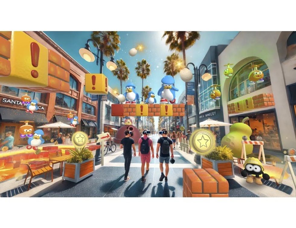 Street scene with virtual reality gaming elements and people wearing VR headsets.