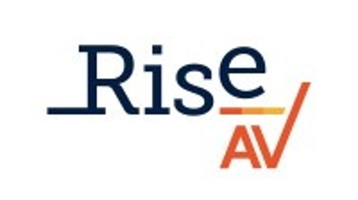 Stylized "Rise AV" logo with a checkmark in orange and navy.