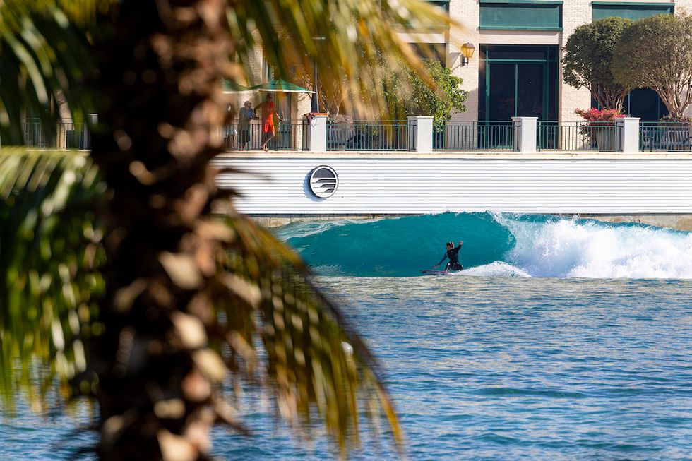 Surfer rides wave in front of building, with palm tree in foreground.
