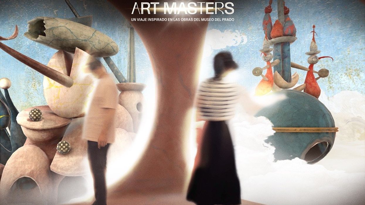 Surreal art exhibit with two blurred figures, featuring abstract sculptures and dreamlike scenery.