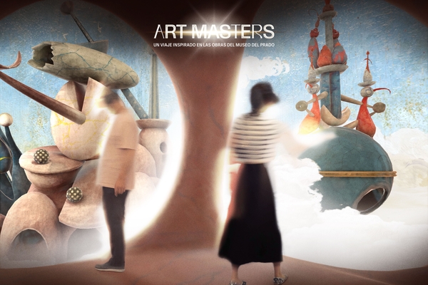 Surreal artwork with blurred figures and fantastical structures under "Art Masters" text.