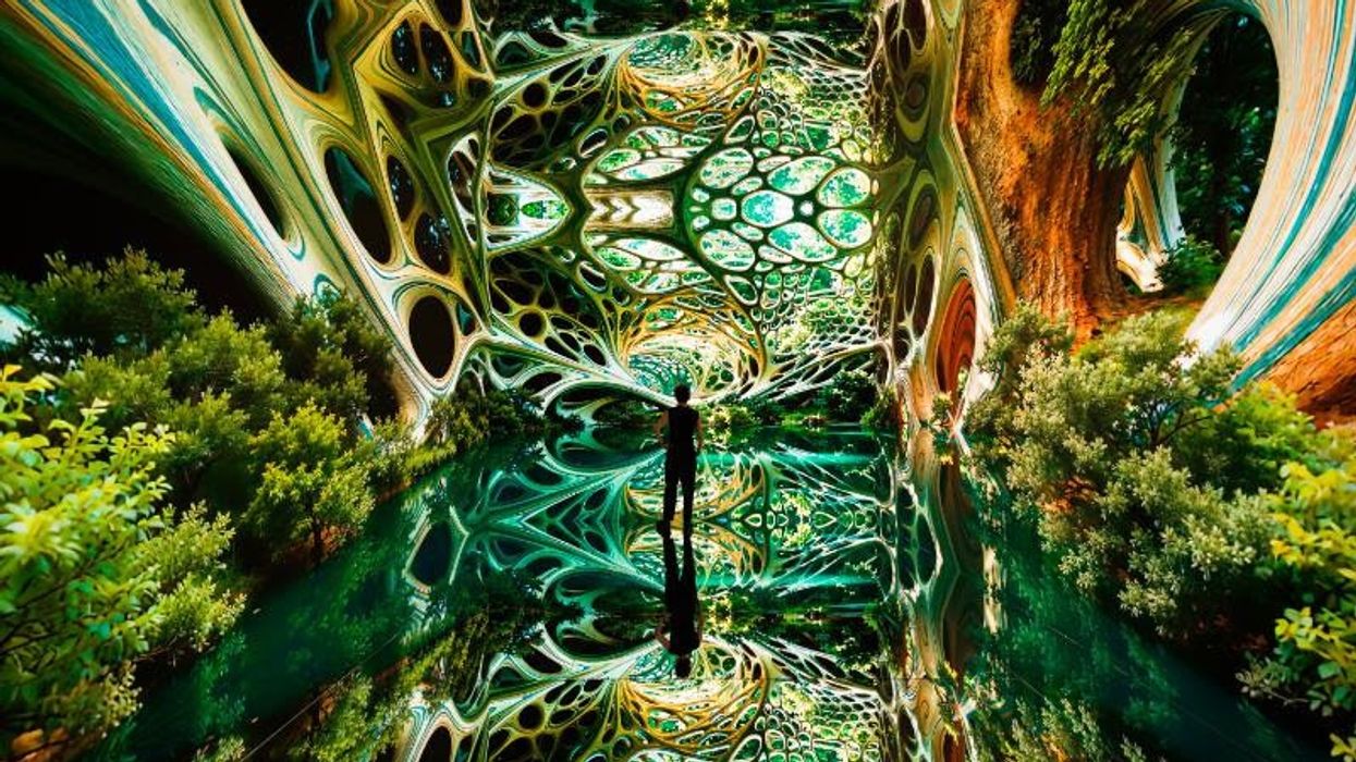 Surreal forest scene with vibrant colors and intricate reflections on a mirrored surface.