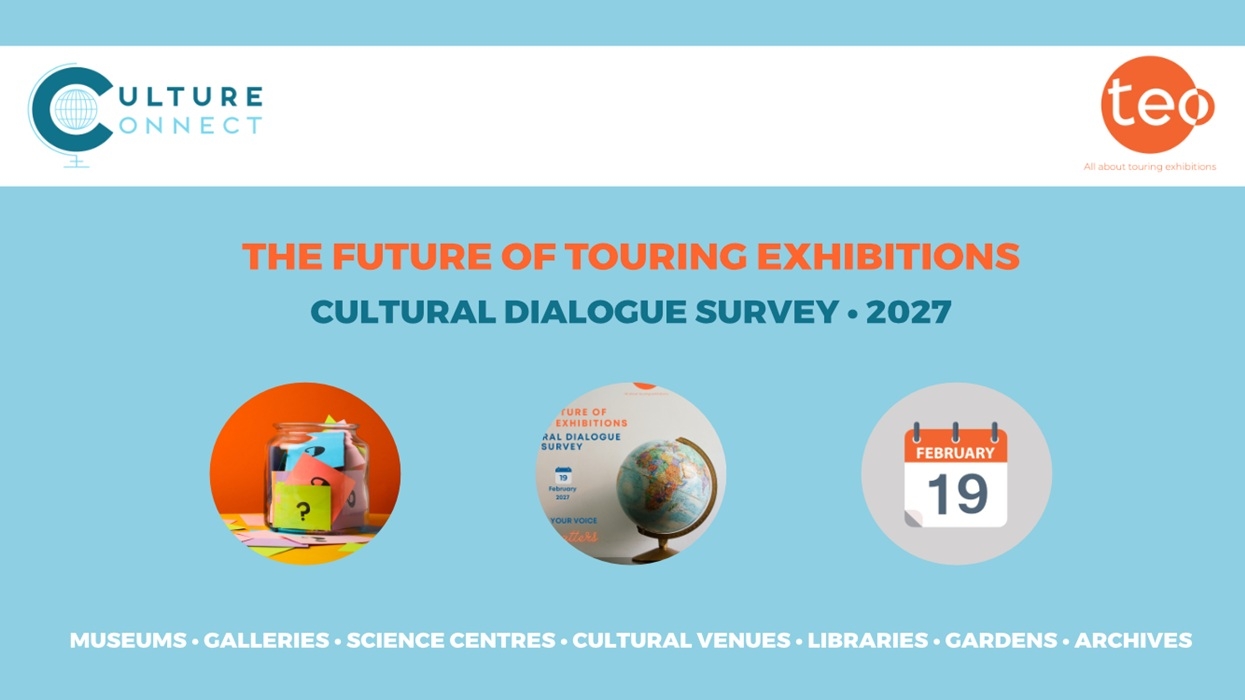 Survey poster: "The Future of Touring Exhibitions, Cultural Dialogue Survey 2027, Feb 19."