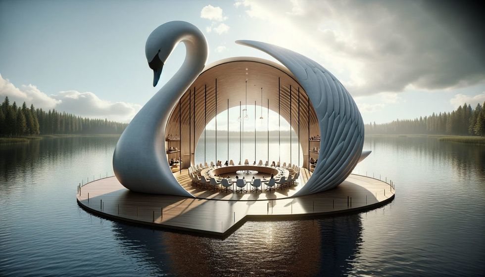 Swan-shaped floating structure on a serene lake with an open seating area.