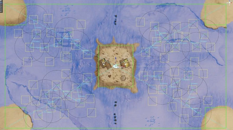 Symmetrical map grid with circles, lines, and a central sandy area marked by objects.