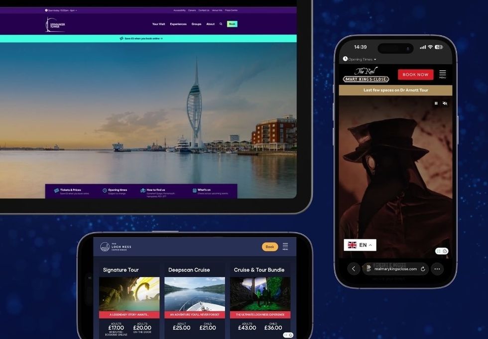 Tablet and phones displaying travel and tour websites on dark blue background.