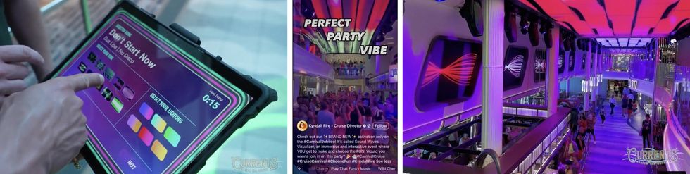 Tablet controls lighting; vibrant cruise deck with purple lights and "Perfect Party Vibe" sign.