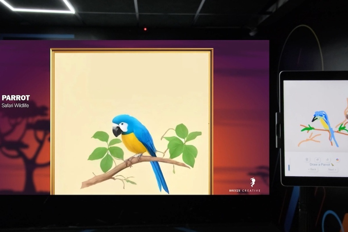 Tablet drawing of a parrot with an AI version displayed on a large screen in a dark room, Magic Painter from Breeze Creative