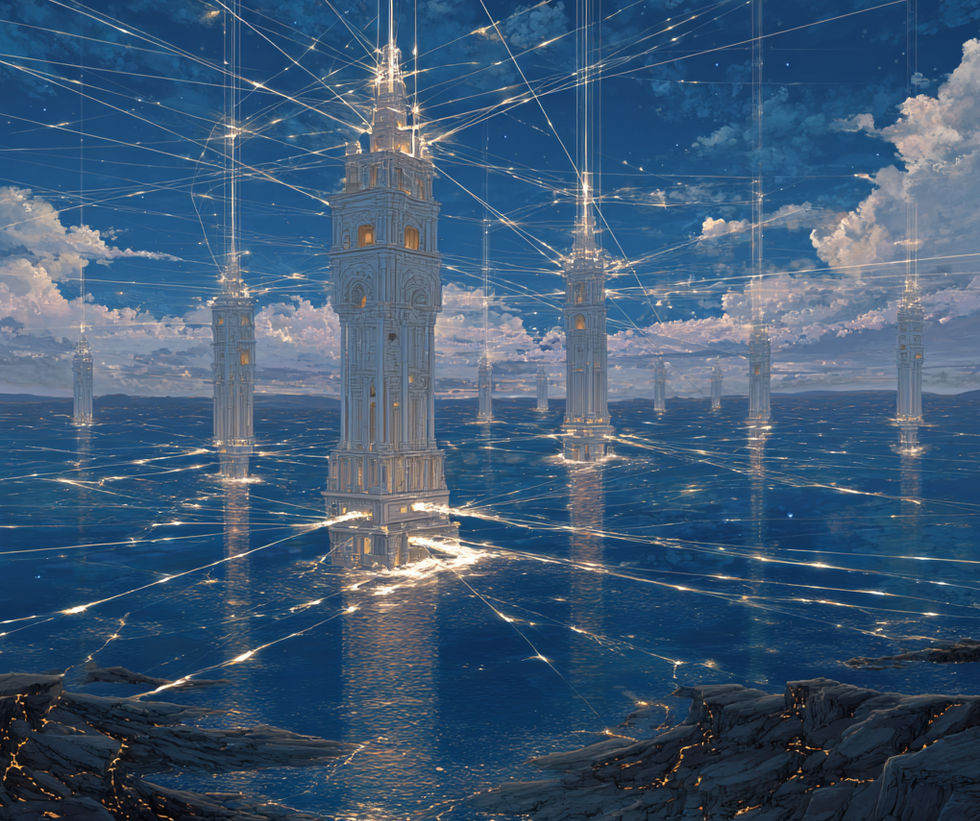 Tall towers connected by glowing lines above calm ocean, beneath an expansive sky.
