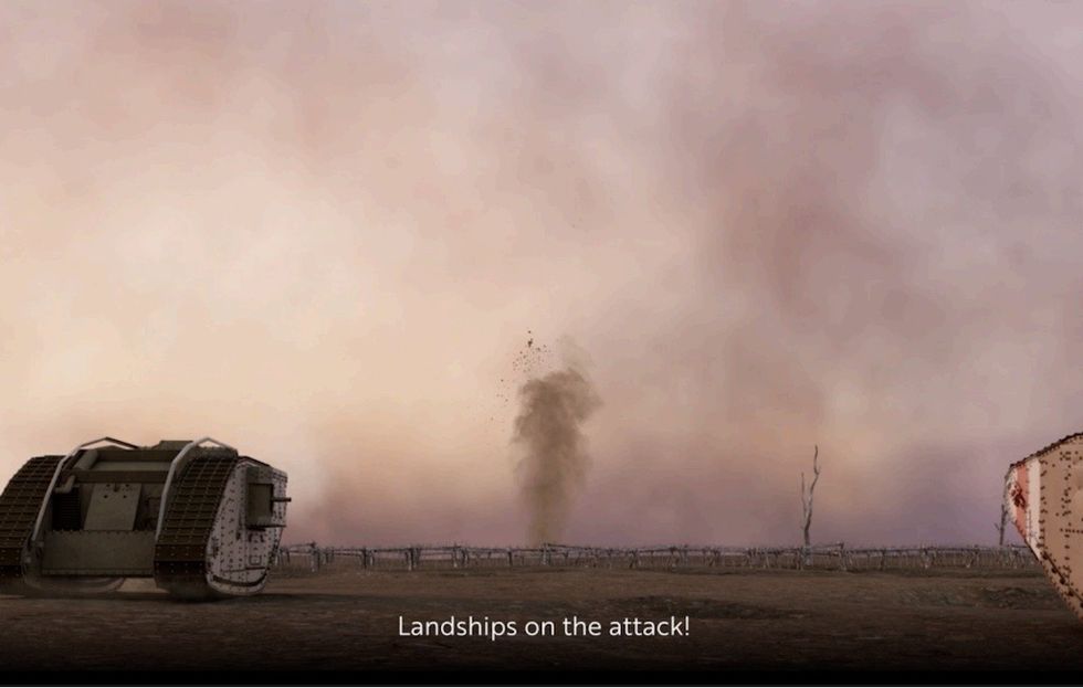 Tank advancing in a dusty battlefield with a cloudy sky.