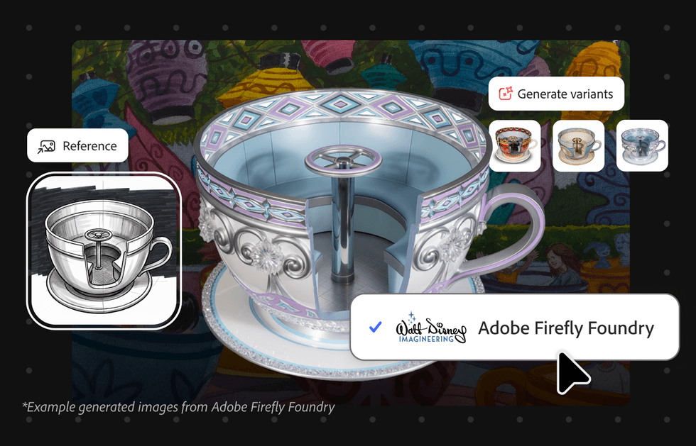 Teacup ride concept art with digital and sketch variants, Adobe Firefly Foundry.