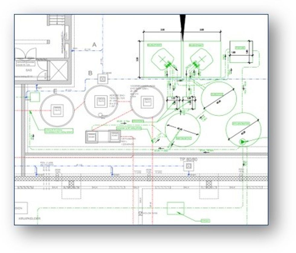 Technical blueprint featuring circular tanks, piping, and equipment layout.